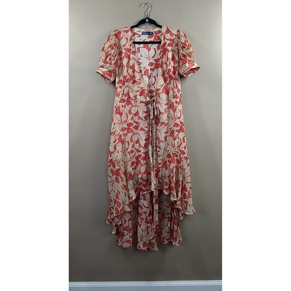 Polo Ralph Lauren Dresses & Skirts - Polo Ralph Lauren Womens Coral Floral High-Low Wrap Dress Short Puff Sleeve 0